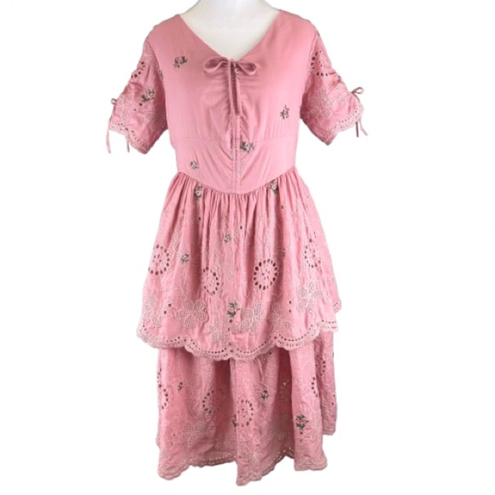 Pink Floral Embroidered Eyelet Cottagecore Tiered Dress Boho Fairycore L NEW